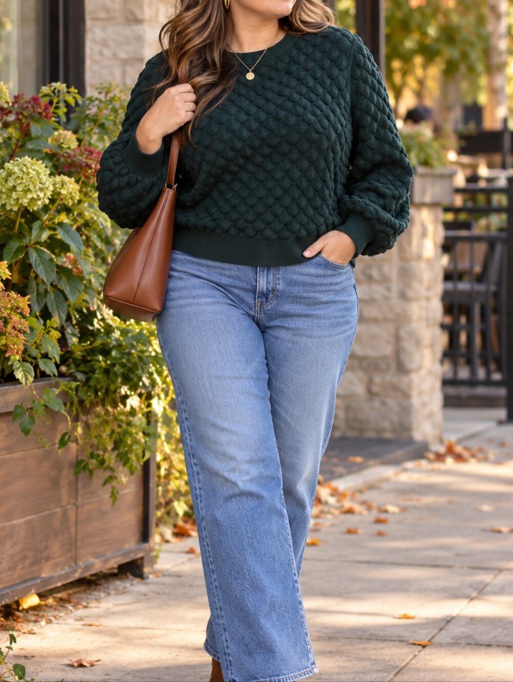 Simons Dark Green Textured Scale Knit Crewneck Sweater Balloon Sleeve